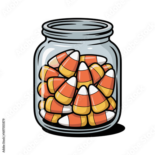 Candy corn in glass jar, festive, hand-drawn illustration, bright colors