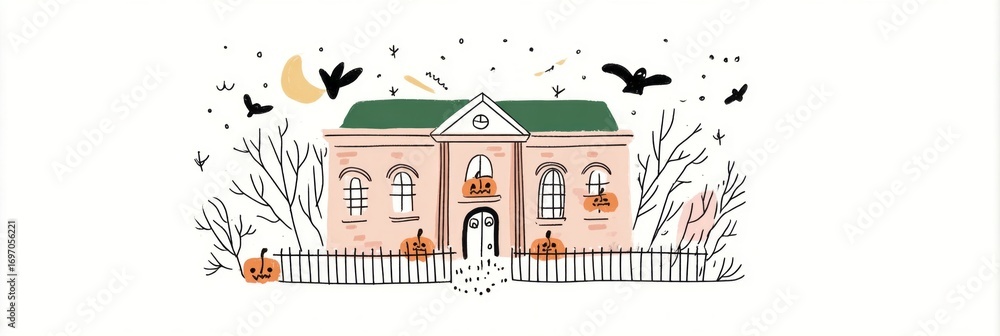 Obraz premium Old mansion stands under the moonlight, its eerie silhouette highlighted against a backdrop of vibrant autumn foliage and scattered Halloween pumpkins, creating a spooky atmosphere, banner