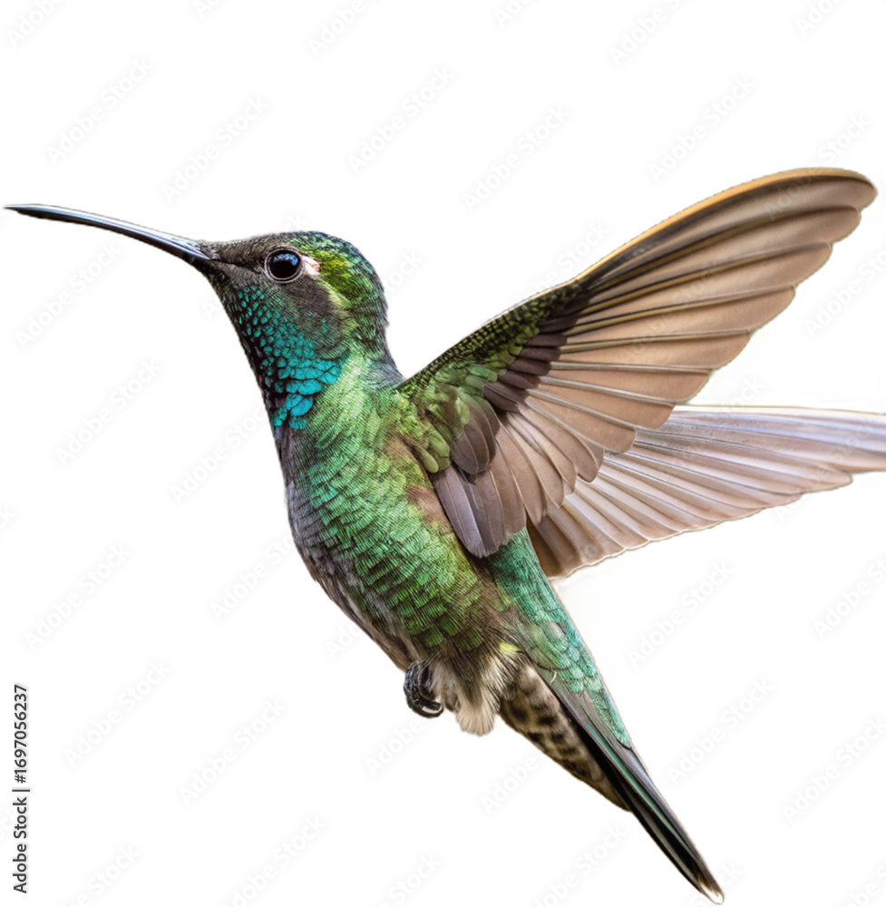Fototapeta premium Stunning ruby-throated hummingbird captured mid-flight with vibrant iridescent feathers and delicate wings outstretched 