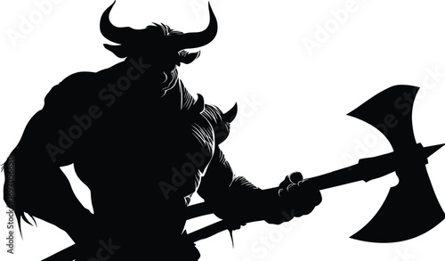 Silhouette of Minotaur Standing Aggressively Holding Double-Bladed Axe