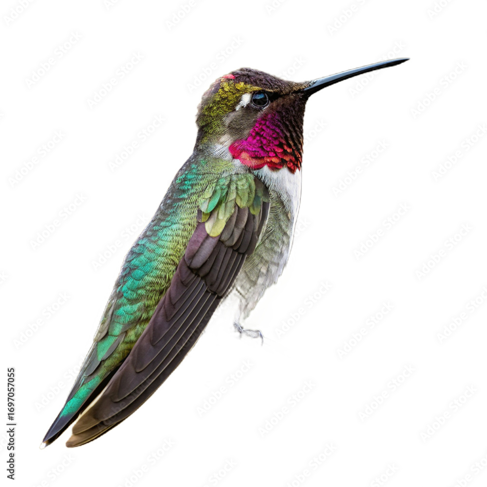 Obraz premium Vibrant hummingbird hovers mid-flight showcasing iridescent green and purple plumage with delicate wings outstretched