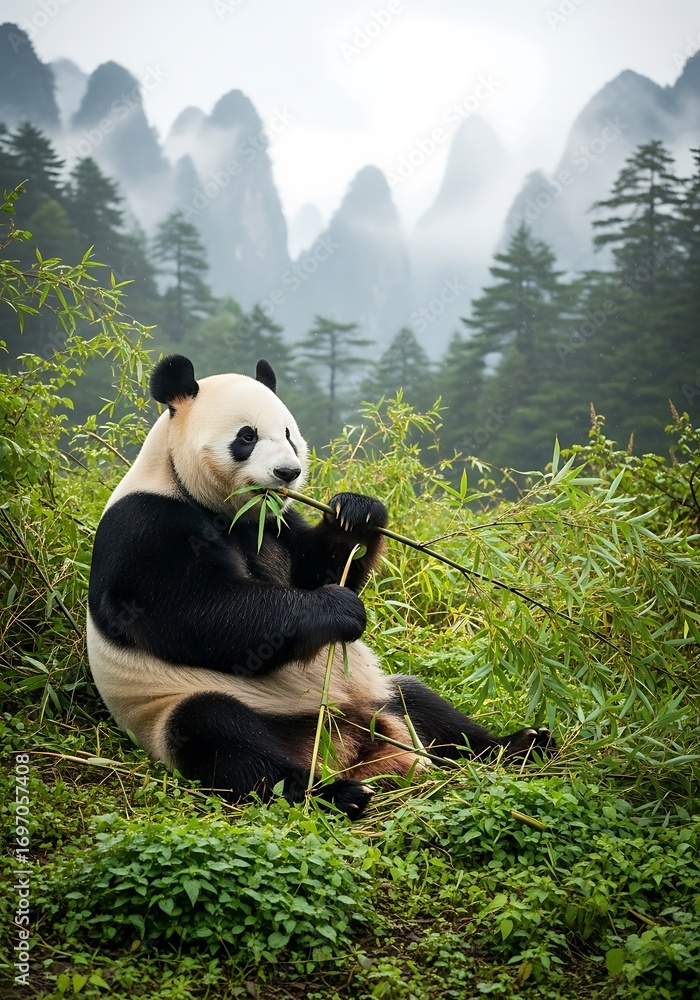 Obraz premium Giant Panda Sitting in a Misty Forest, Nibbling on Bamboo Stalks