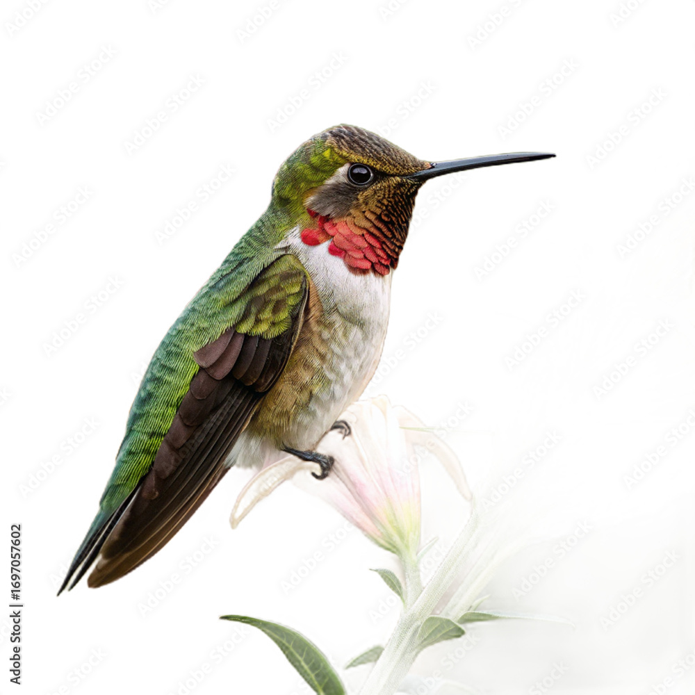 Fototapeta premium Tiny iridescent hummingbird with vibrant red throat rests delicately on a pale pink lily bloom 