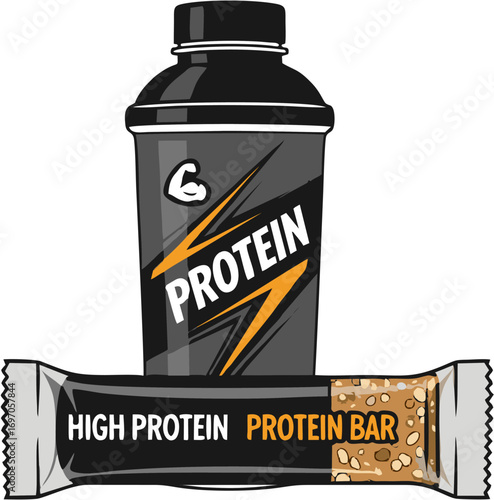 Sports nutrition supplement concept with a protein shaker bottle and a workout energy bar icon isolated on a white background