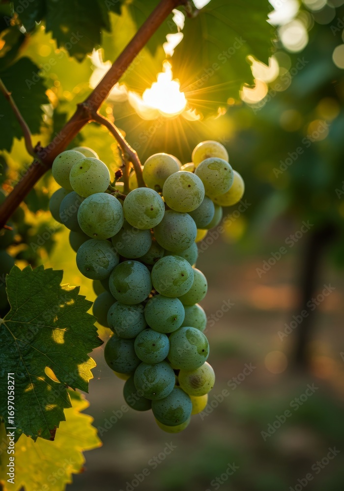 Fototapeta premium Close up of green grape bunch growing on vine in vineyard at sunset. Sunlight highlighting fruit. Agriculture and harvest concept.