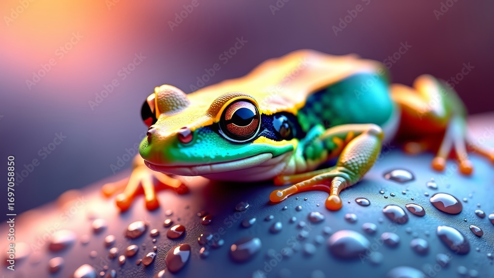 Naklejka premium Colorful frog sitting on dew covered surface