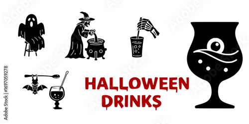 Halloween drinks with ghost, witch, and spooky elements in black and red - vector set
