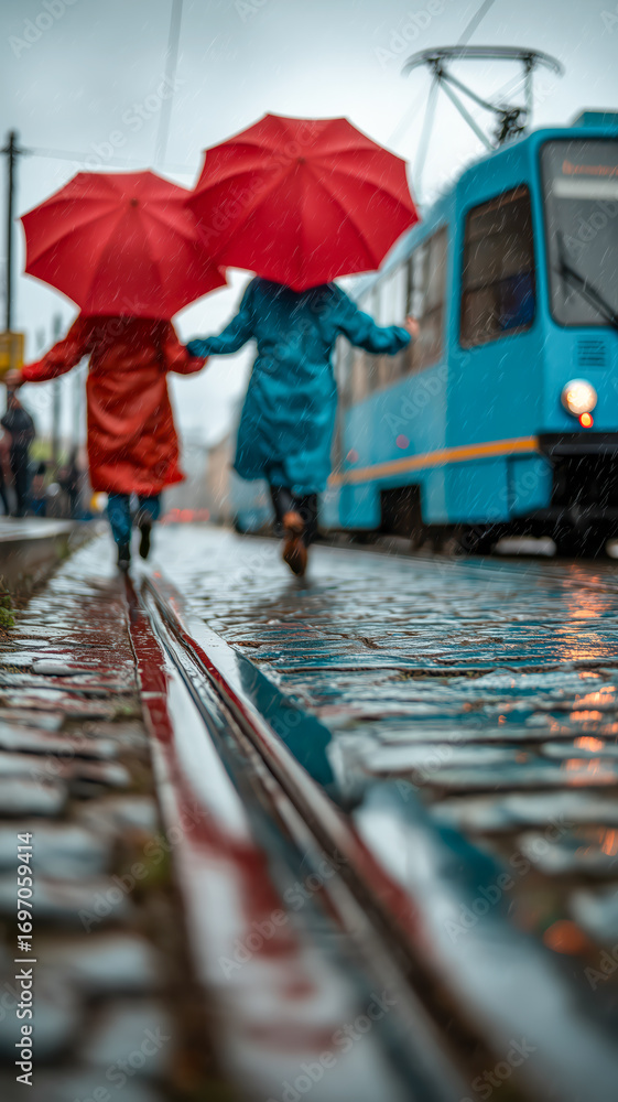 Obraz premium Rainy Day Stroll: Two figures with red umbrellas traverse a wet cobblestone street alongside a vintage tram. Urban vibrancy in the rain.