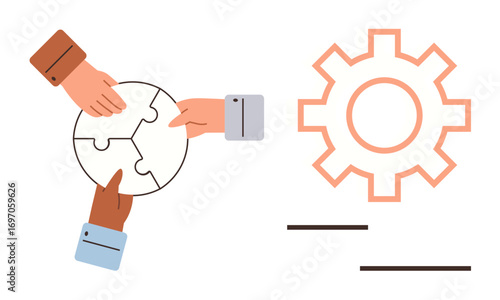 Hands assembling circular puzzle pieces and gear in minimal style. Ideal for teamwork, collaboration, problem-solving, workflow, innovation, project management, efficiency. Simple flat metaphor