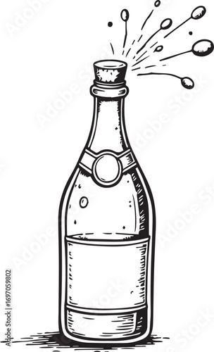 Sparkling Celebration: A sketch of a champagne bottle, its cork pops, releasing a cascade of sparkling bubbles, symbolizing a festive occasion.