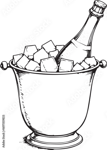 Champagne Chill: A monochrome sketch presents a detailed, artistic representation of a champagne bottle nestled in an ice bucket.