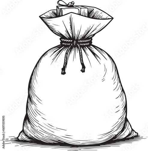 Gift Sack Illustration: A detailed monochrome illustration depicts a rustic sack, tightly bound and brimming with anticipation, with a single gift box nestled at its top. 