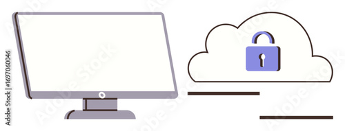 Desktop screen alongside a cloud with a lock representing secure data storage and access. Ideal for cybersecurity, cloud computing, data protection, IT solutions, privacy, online security, tech