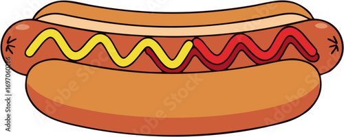 Vivid cartoon illustration of a classic hot dog in a golden bun, garnished with bright yellow mustard and rich red ketchup, depicting a delicious and popular casual meal item