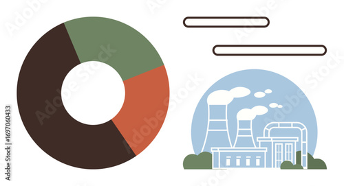 Factory with chimneys emitting smoke, bold pie chart displaying sections in earthy tones. Ideal for sustainability, energy production, pollution, climate change, renewable energy, carbon footprint