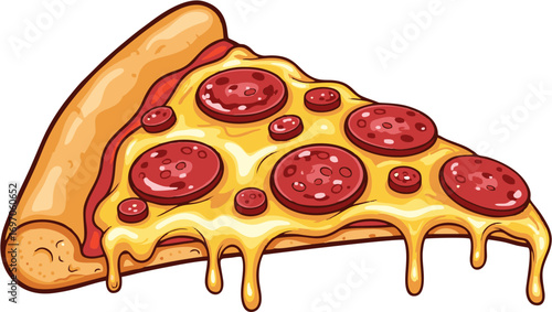 Delicious hand-drawn cartoon illustration of a classic pepperoni pizza slice with gooey melted cheese dripping, perfect for menus, food blogs, or restaurant promotions