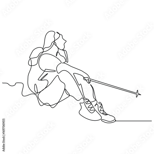 Continuous line drawing of woman traveling backpack. Single one line art of woman hiking on top of mountain. Vector illustration editable stroke