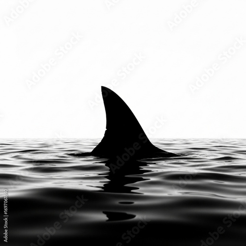 A stark silhouette of a shark fin breaching the water surface against a bright white background scene view created with generative ai