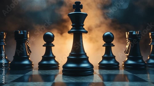 Black chess pieces on a checkered board, dramatic lighting and smoke