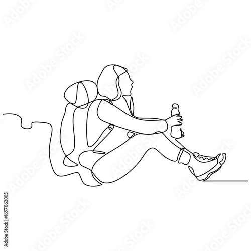 Continuous line drawing of woman traveling backpack. Single one line art of woman hiking on top of mountain. Vector illustration editable stroke