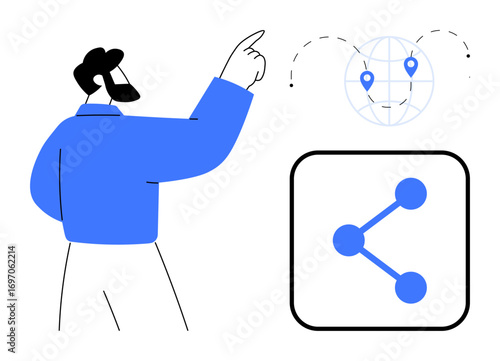 Man pointing at a global map with location markers, next to a network sharing diagram. Ideal for collaboration, communication, global outreach, online networks, data sharing, teamwork, simple landing