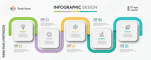 Timeline infographic 5 step vector template trendy color style for presentation, start up project, business strategy, theory basic operation, logic analysis 10 eps