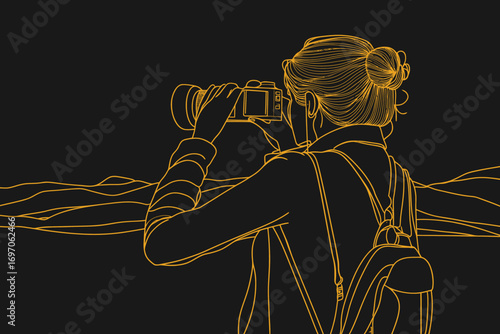 A single continuous line is used to draw a young businesswoman looking through binoculars for new business opportunities, representing the idea of a visionary manager in a minimalist graphic design