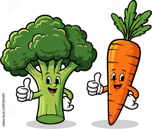 A cheerful duo of cartoon broccoli and carrot characters, both smiling and giving a thumbs-up, symbolizing healthy eating and fun nutrition