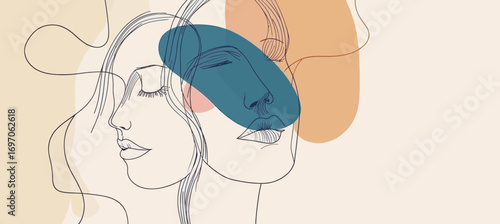 Modern single-line art is used to create a stylized set of woman faces, representing a minimalist concept of beauty and fashion