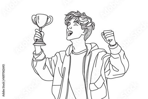 In a single-line draw design, a male athlete is shown wearing a sports jersey and holding a gold trophy with one hand, symbolizing victory in a national sports competition, created as a modern