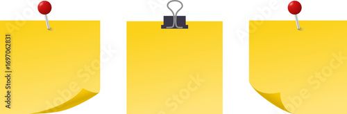 Yellow sticky note mockup, a set of three blank yellow sticky notes, each with a different attachment style including a thumbtack, a binder clip, and a single pushpin