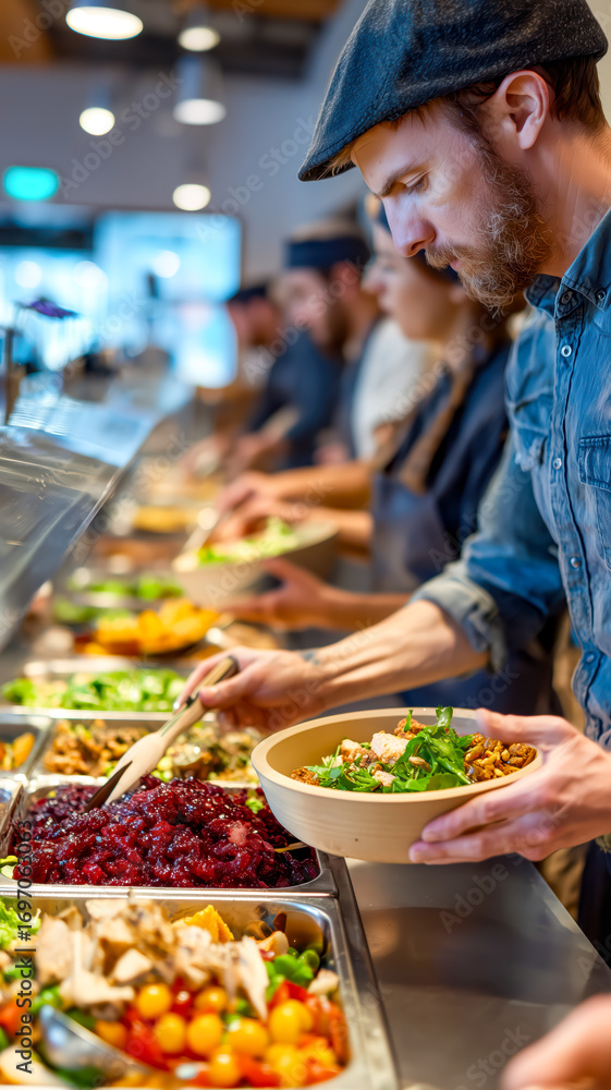 Obraz premium Man selects fresh ingredients from a salad bar, creating a healthy and personalized meal. A vibrant choice for a nutritious lunch.