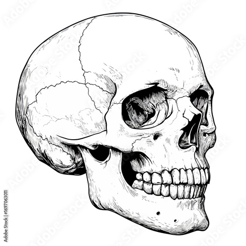 A modern illustration of the human head is represented by a minimalist black and white picture of a skull, serving as an icon for humanities and arts