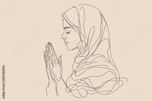 A modern one-line graphic design features a single continuous line drawing of an Arabian woman with her hands on her chest, expressing the emotion and body language of a female experiencing chest