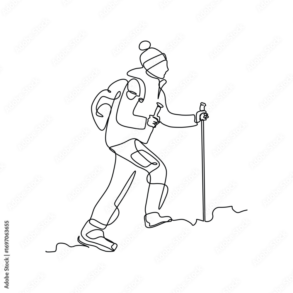 Obraz premium Continuous line drawing of man traveling backpack. Single one line art of woman hiking on top of mountain. Vector illustration editable stroke