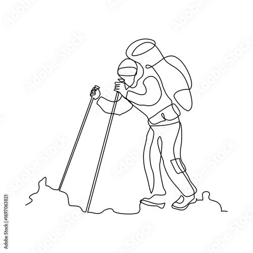 Continuous line drawing of man traveling backpack. Single one line art of woman hiking on top of mountain. Vector illustration editable stroke