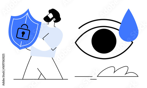 Person holding blue shield with lock, eye with teardrop, abstract bush. Ideal for security, privacy, protection, data safety, emotional control, digital trust simple flat metaphor