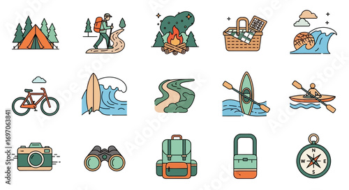 Vector Icons Set of Colorful Hand Drawn Outdoor Adventure and Camping Icon Set. EPS Editable