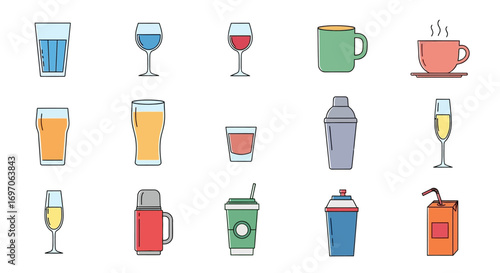 Vector Icons Set of Colorful set of various drink and beverage icons in a flat line art style isolated on a white background. EPS Editable