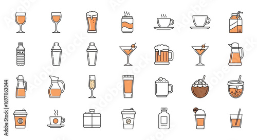 Vector Icons Set of Colorful line art icon set of various drinks and beverages. EPS Editable