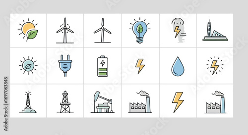 Vector Icons Set of Colorful Line Icon Set of Energy and Power Sources. EPS Editable