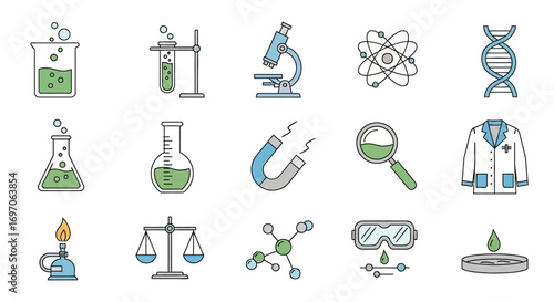 Vector Icons Set of Colorful Science and Chemistry Laboratory Equipment Icon Set. EPS Editable