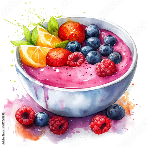 Smoothie Bowl, watercolor painting vector, isolated on a white background.