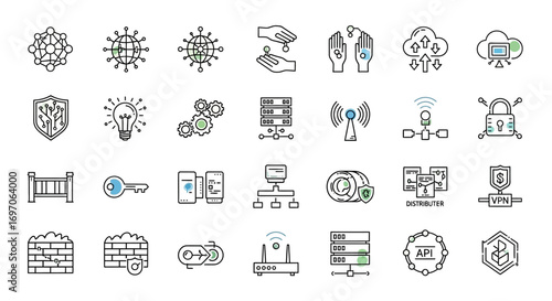Vector Icons Set of Cyber Security and Network Technology Thin Line Icon Set. EPS Editable