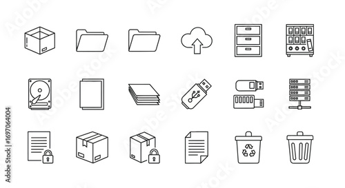 Vector Icons Set of Data Storage and File Management Thin Line Icon Set. EPS Editable