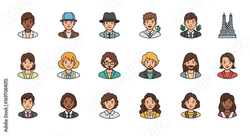 Diverse People Avatar Icon Set with Barcelona Landmark. EPS Editable