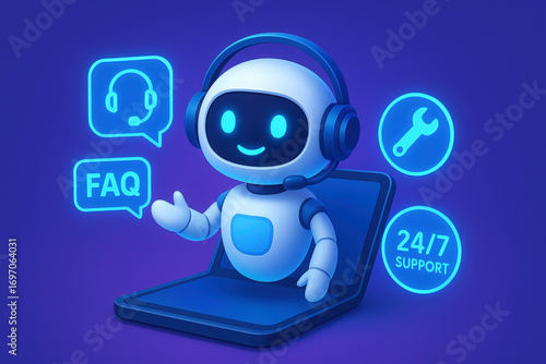Friendly AI chat bot Robot Offers 24/7 Online Technical Assistance and FAQ Support.