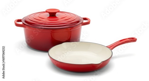 Vibrant Red Enameled Cast Iron Dutch Oven and Skillet Cookware Set