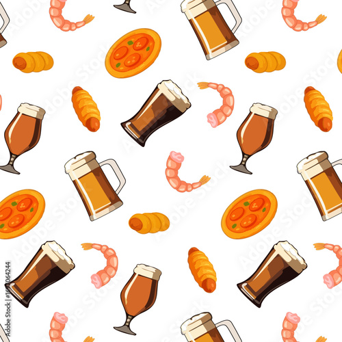 Transparent background with beer mugs.Vector seamless pattern with beer mugs, sausages in dough, shrimps and pizza on transparent background.
