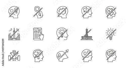 Vector Icons Set of Fixed mindset and mental block thin line icon set for psychology concepts. EPS Editable